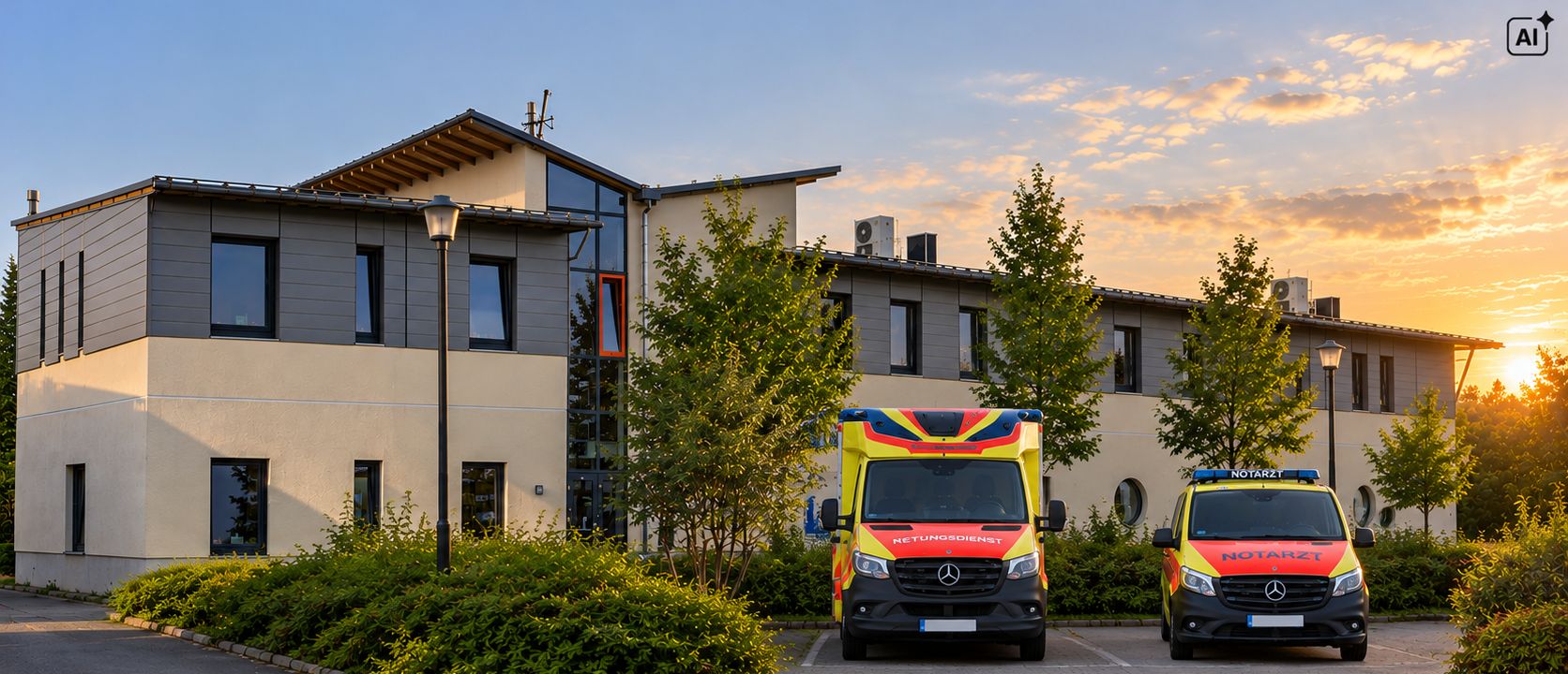Geschäftsstelle des Rettungszweckverbandes mit Rettungswagen und Notarzteinsatzfahrzeug im Abendlicht